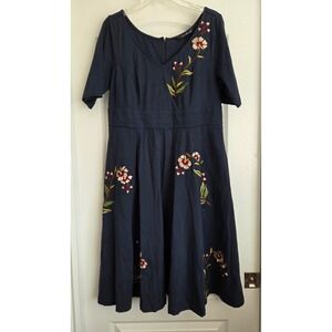 eShakti Navy Floral Embroidered Vneck Cotton Fit Flare Midi Dress Sz 1X 16W